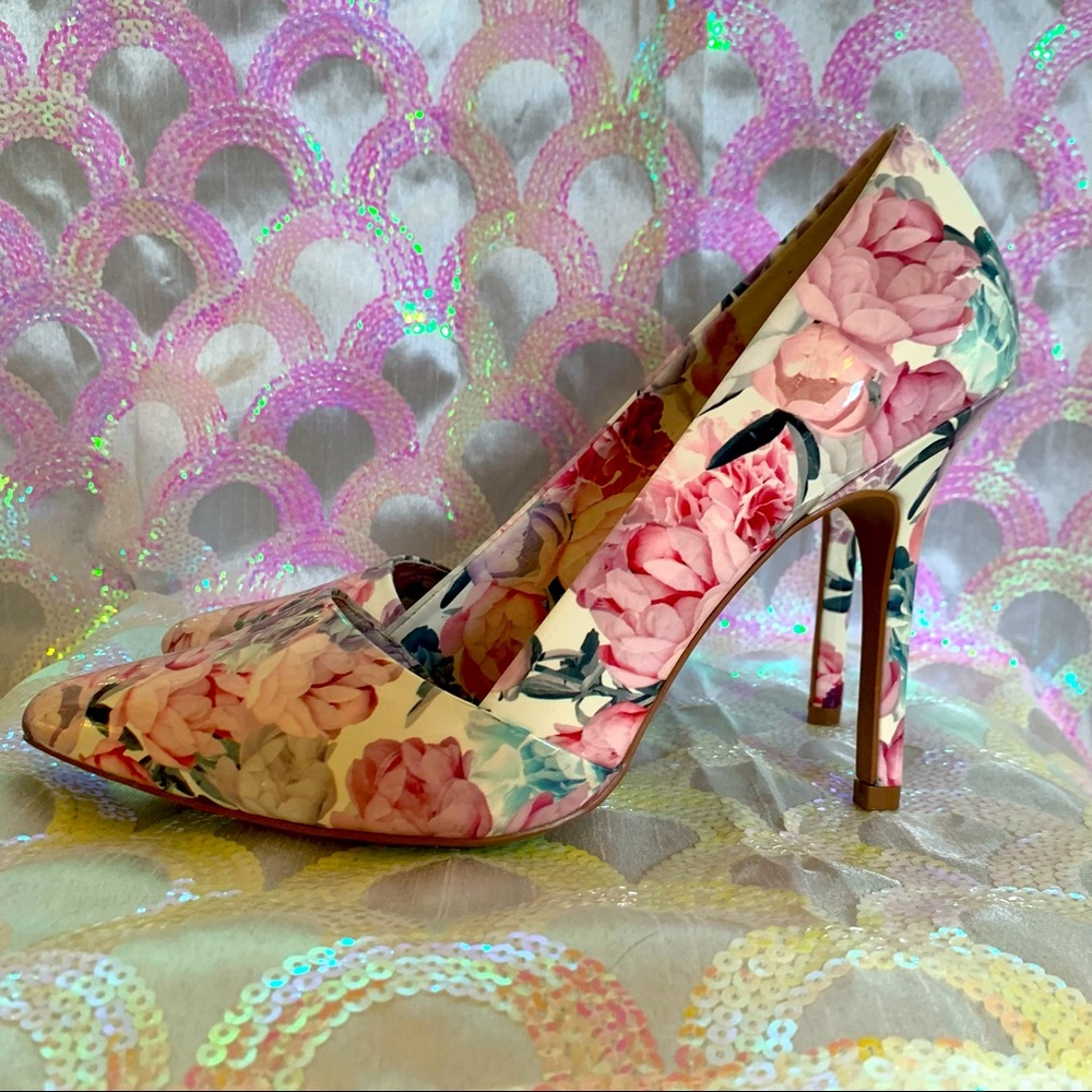 Elle Patent "Pleather" Floral Pastel Pointed Straight Toe Stiletto Pumps Size 10